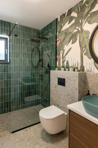 a bathroom with a shower and a toilet and a sink at CuibuS Lodge in Bran