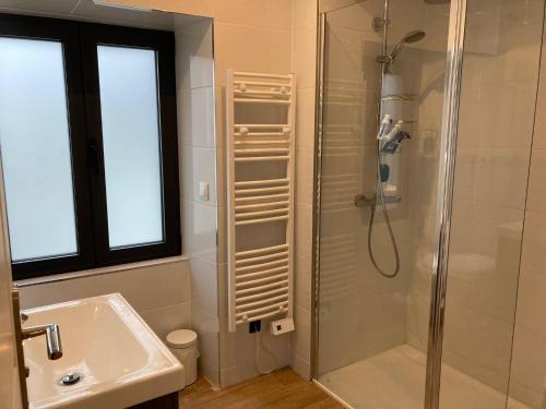 a bathroom with a shower and a sink at La Maison Blanche in Dompierre-sur-Mer