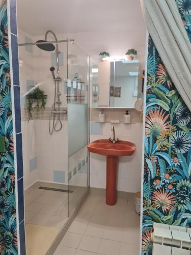 La salle de bains est pourvue d'un lavabo rouge et d'une douche. dans l'établissement La Tropicale, studio climatisé avec parking, Proche Cité médiévale, à Carcassonne