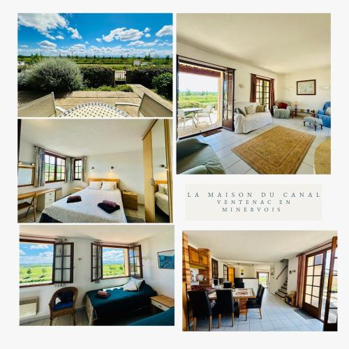 un collage de quatre photos d'une pièce dans l'établissement La maison du canal, à Ventenac en Minervois