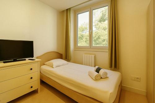 une petite chambre avec un lit et une télévision dans l'établissement Le Roule Cozy studio with charm and calm, à La Mulatière