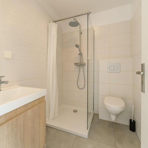 une salle de bain avec une douche, des toilettes et un lavabo dans l'établissement Le Studio Laurent A sweet getaway for two near Lyon, à La Mulatière