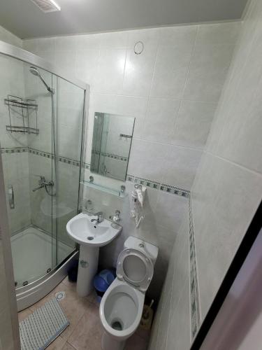 a bathroom with a toilet and a sink and a shower at Gulnara Guesthouse - Hostel in Tashkent