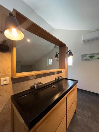 une salle de bain avec un lavabo et un miroir dans l'établissement Parenthèse ensoleillée, à Travaillan