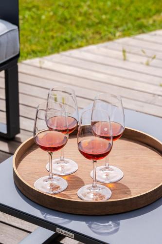three glasses of wine on a tray on a table at Residenza Storica sulle Colline di Maranello in Fogliano