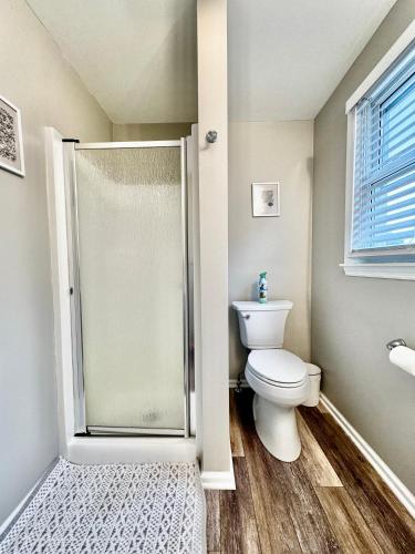 a bathroom with a toilet and a glass shower at Hawks Nest in Marion