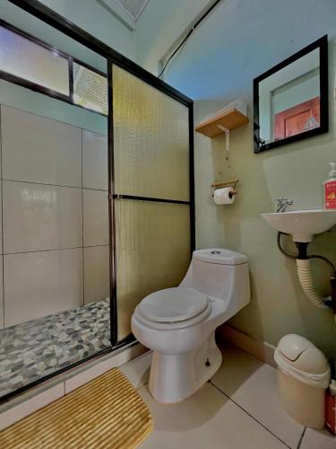 a bathroom with a toilet and a shower and a sink at Casa mariposa in Uvita
