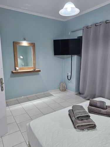 a blue bedroom with a bed and a mirror at Katerina Apartments in Kato Daratso