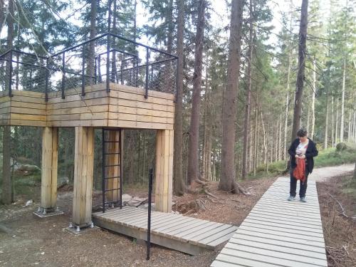 a woman standing on a wooden walkway to a tree house at Chalupa Novák in Semily