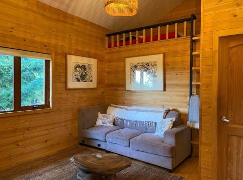 a living room with a couch in a wooden wall at Lofts Magnolias in Puerto Varas