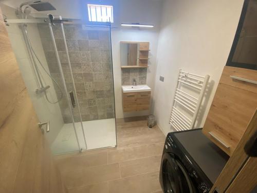 une salle de bain avec une douche en verre avec un lavabo dans l'établissement Maison de vacances, à Ongles