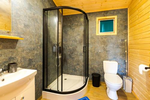 a bathroom with a shower and a toilet at VIKING Gąski in Gąski