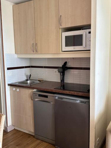 une cuisine avec un évier et un micro-ondes dans l'établissement RENOIR 1265 Villa Francia - F2 très belle vue mer, à Cannes