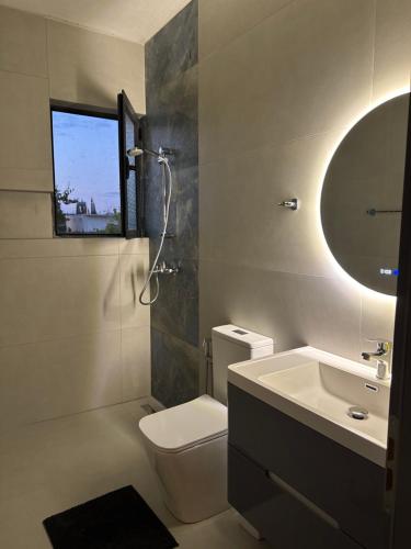 a bathroom with a toilet and a sink and a mirror at Hey Apartment 1 in Hamallë