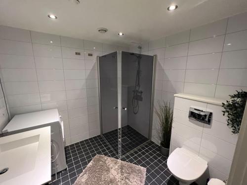 a bathroom with a shower and a toilet at Staymate apartment at Lade in Trondheim