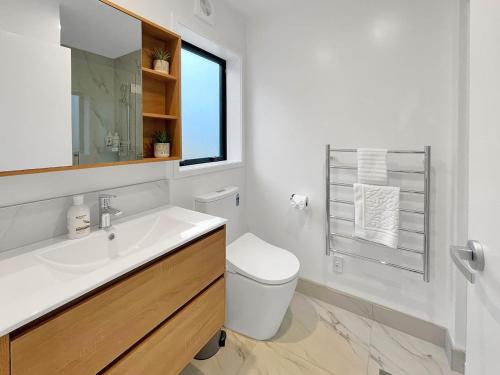 基督城CBD Gem - Studio on Allen Street的带水槽、马桶和窗户的浴室