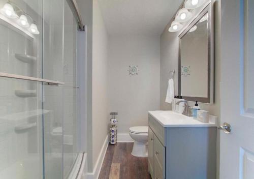 a bathroom with a shower and a sink and a toilet at Sleeps 16 Large Groups 2 Full Homes In Vermilion in Vermilion
