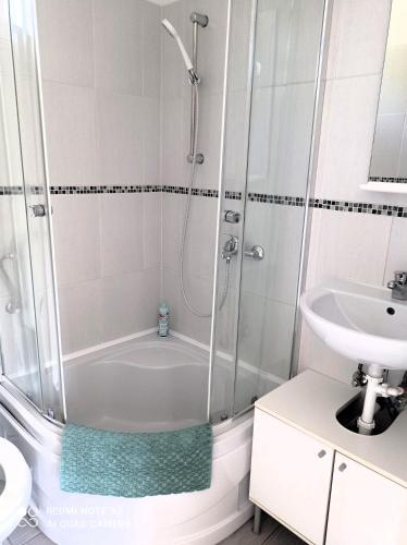 a bathroom with a shower and a sink at Bodorka - Csak a Tiéd! in Balatonakarattya