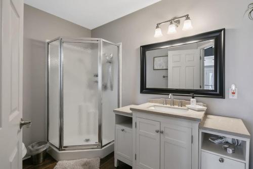 a bathroom with a shower and a sink and a mirror at Haymount Hideaway in Fayetteville