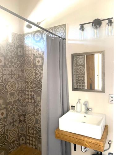 a bathroom with a sink and a mirror and a shower at El Callejón PLATA in Real de Catorce