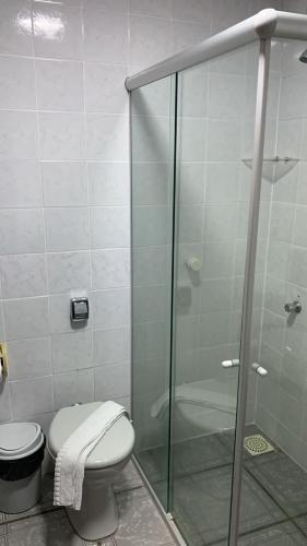 a bathroom with a toilet and a glass shower at Goldmen Business Criciúma in Criciúma