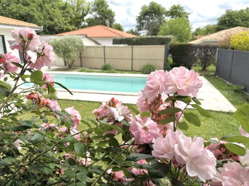 a garden with pink flowers and a swimming pool at Villa Spa du Bassin - Le Teich - Bassin d'Arcachon in Le Teich