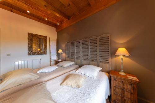 two twin beds in a bedroom with a lamp at Château de Mazières in Tendu