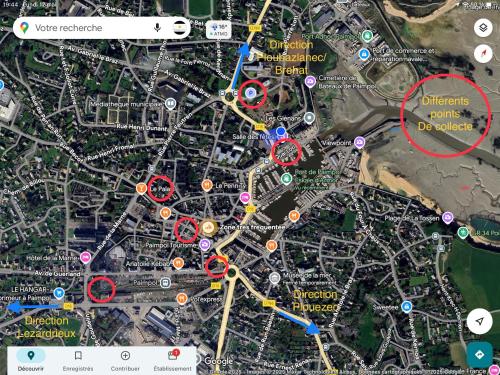 a map of a city with red circles at La maison du port in Paimpol