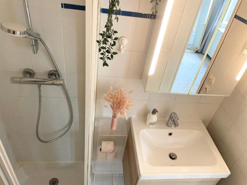 une salle de bain avec un lavabo et une douche dans l'établissement Cocon Montmartre - Netflix, Fibre & Conciergerie, à Paris