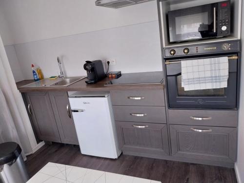 La cuisine est équipée d'un four micro-ondes et d'un réfrigérateur. dans l'établissement L olivier, au Mans