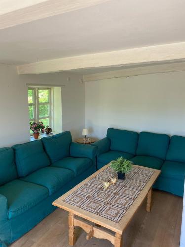 a living room with a blue couch and a coffee table at Charmerende feriehus tæt på Knuthenborg in Maribo