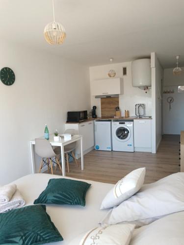 un salon avec un canapé et une cuisine dans l'établissement Studio tout confort avec place de parking et wifi, à Balaruc-les-Bains
