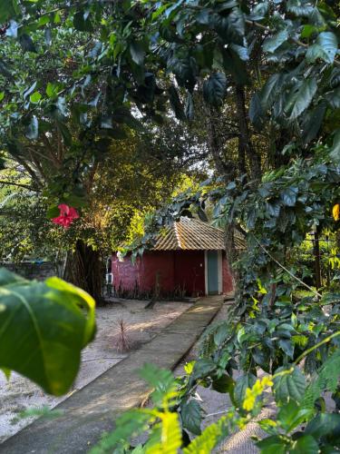 a red house in the middle of a tree at Pousada Terra Coral in Arraial d'Ajuda