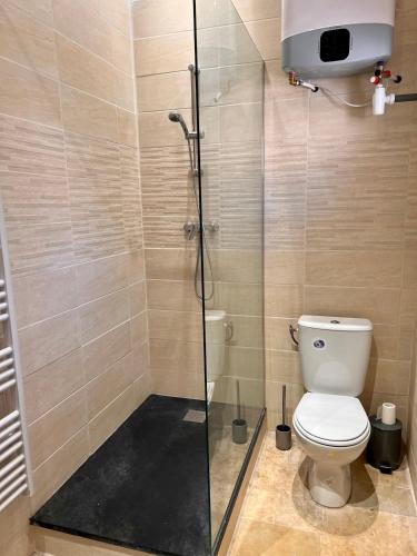 La salle de bains est pourvue de toilettes et d'une cabine de douche en verre. dans l'établissement Séjour détente avec Piscine, à Hyères