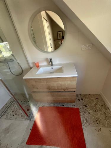 La salle de bains est pourvue d'un lavabo avec miroir et d'un tapis rouge. dans l'établissement Ananas, à Saint-Gildas-de-Rhuys