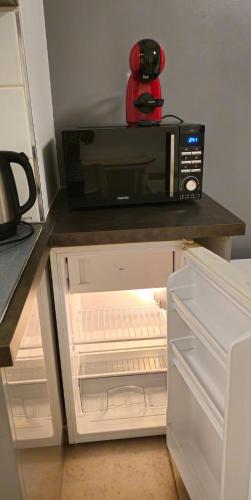 un micro-ondes posé sur un réfrigérateur dans l'établissement Studio meublé-Juan Pins-Logt3, à Antibes