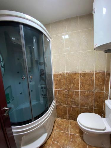 a bathroom with a shower and a toilet at Centerside Apartment in Ulcinj