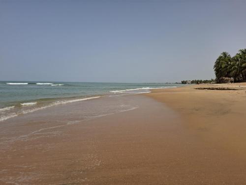 an empty beach with palm trees and the ocean at Chez Anaïs - Case indépendante dans un grand jardin avec piscine in Saly Niakh-Niakhal