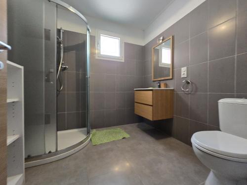 une salle de bain avec une douche, des toilettes et un lavabo dans l'établissement Charmant studio avec extérieur, à Corte