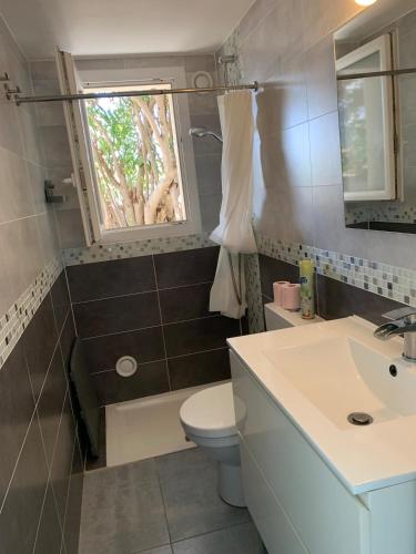une salle de bain avec toilettes, lavabo et fenêtre dans l'établissement appart dans maison face à la mer 2ch, à Hyères