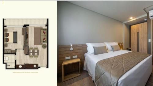 a bedroom with a bed and a floor plan at Golden Resort Gramado Laghetto in Gramado