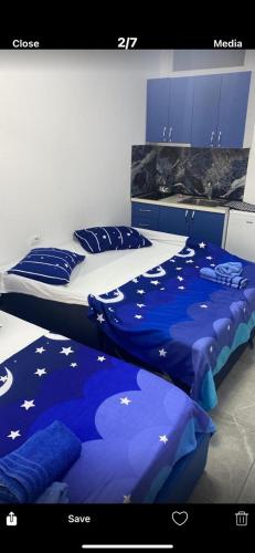 two twin beds in a room with blue cabinets at Shëngjin Sea View Rooms in Lezhë