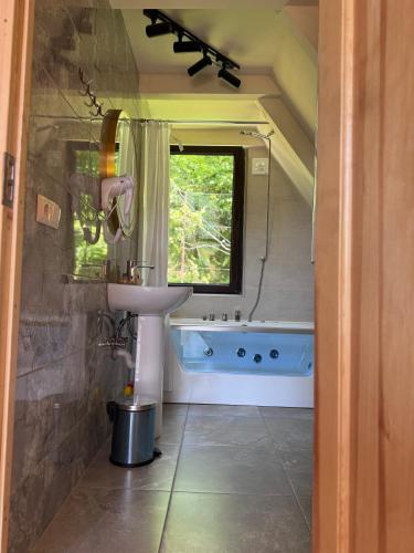 a bathroom with a sink and a bath tub at Villa Cottage Merisi in Inasharidzeebi