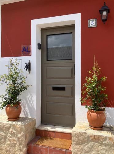 a door of a house with two potted plants at Sol Cinco in Arelho