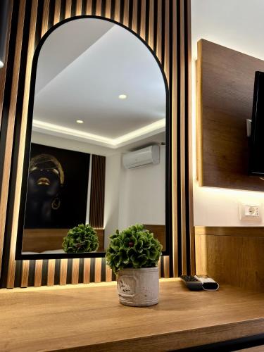 a mirror in a room with a potted plant on a table at Fori's rooms in Himare