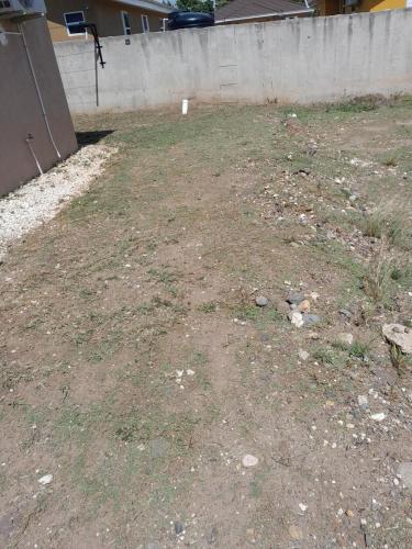 a yard with dirt and grass in front of a fence at C & J's Coco Manor Vacation Home in Old Harbour
