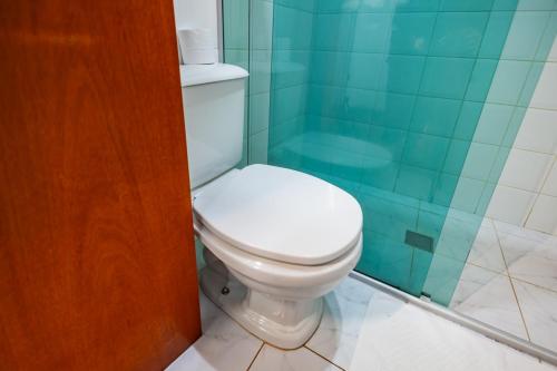 a bathroom with a white toilet and a shower at Putini Pousada e Hotel by OYO in São Roque