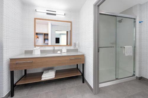 a bathroom with a sink and a shower at Hampton Inn & Suites by Hilton Little Rock Airport in Little Rock
