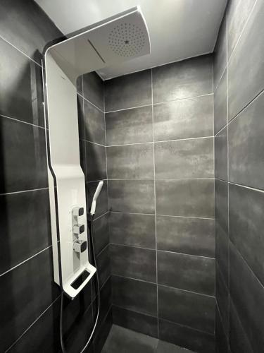 une salle de bain avec une douche avec pommeau de douche dans l'établissement Le Bellevue Appartement, à Merlimont