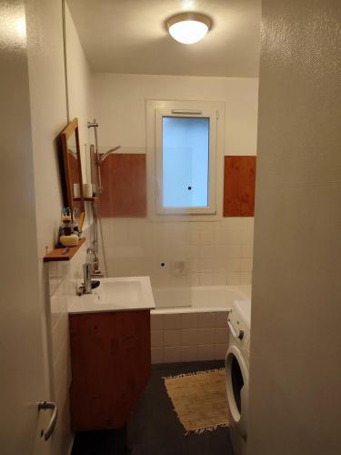 a bathroom with a tub and a sink and a window at Appartement plein centre in Saint-Étienne